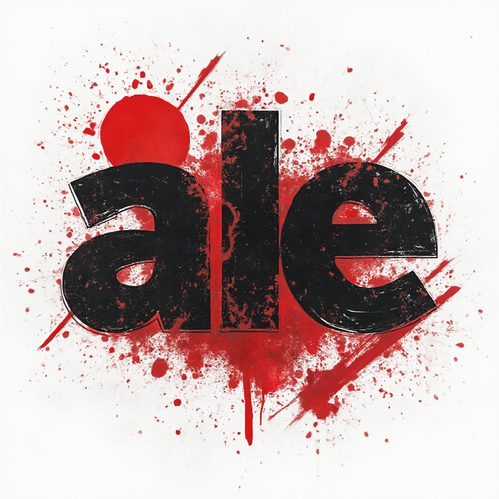 Trash Polka tattoo concept of the name ale with distressed black letters, red shapes and splashes on a white background
