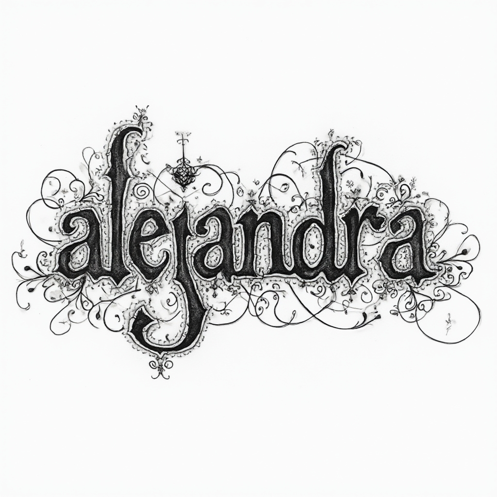 Highly ornamental black-ink decorative lettering of the name Alejandra on a white background