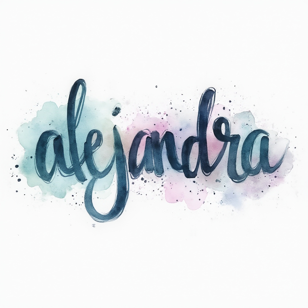 Watercolor-style artistic lettering of the name Alejandra with colorful ink washes on a white background