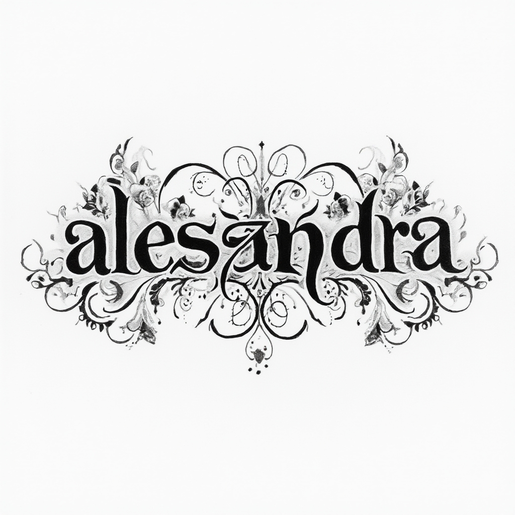 Ornamental black-ink tattoo concept of the name alessandra with flowing script and intricate decorative flourishes on white.