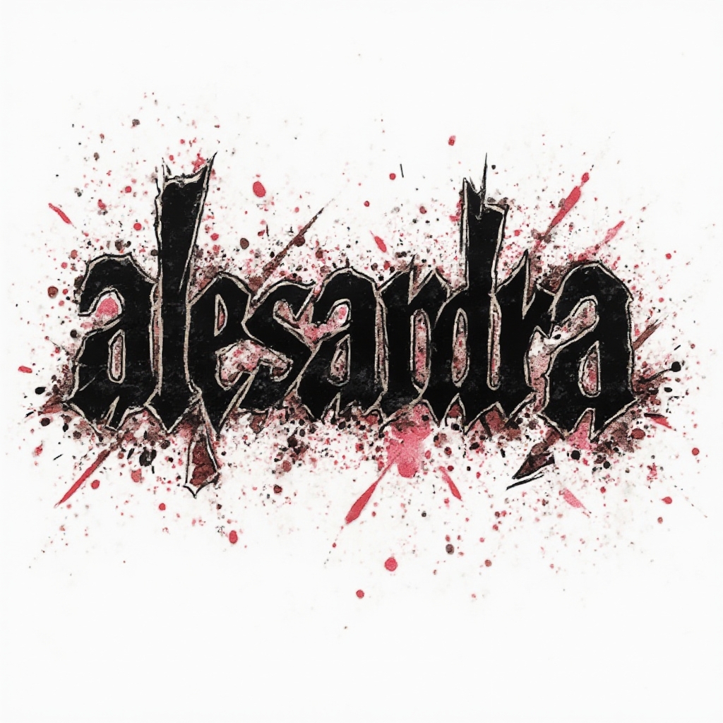 Trash Polka tattoo concept of the name alessandra with bold black and red fragmented lettering on a white background.