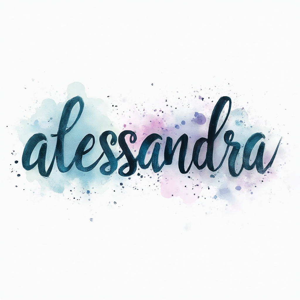 Watercolor tattoo concept of the name alessandra formed by colorful flowing brushstroke lettering on a white background.