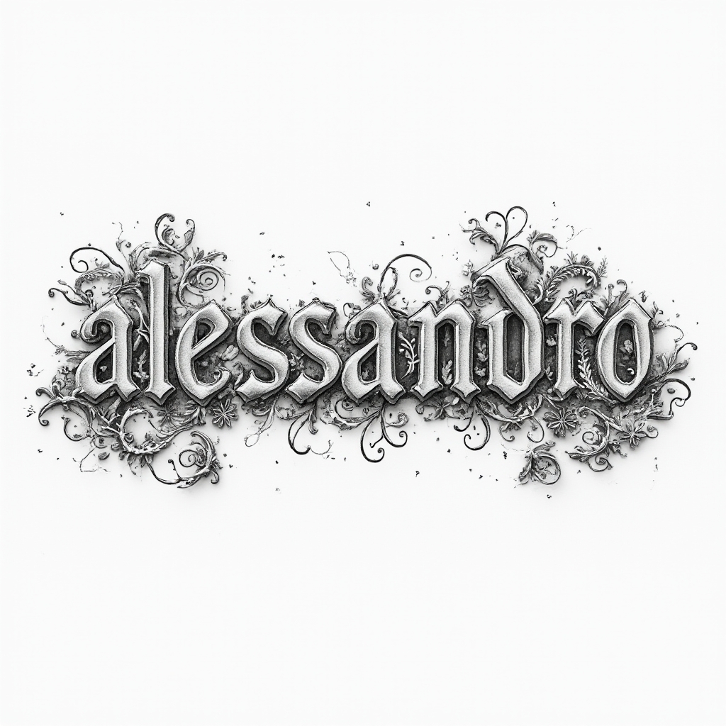 Intricately ornamental monochrome tattoo concept forming the name alessandro with filigree letterforms on a white background.