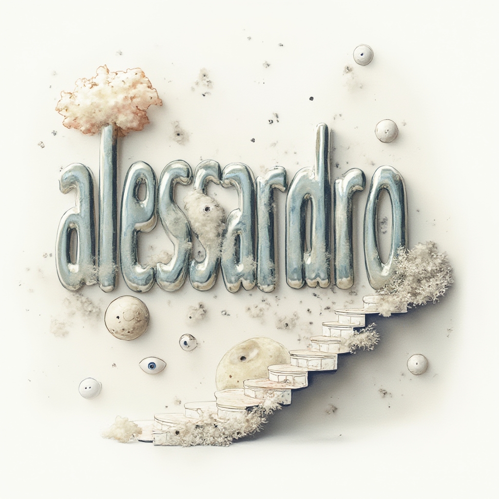 Surrealism-inspired tattoo concept where the name alessandro transforms into dreamlike objects on a white background.