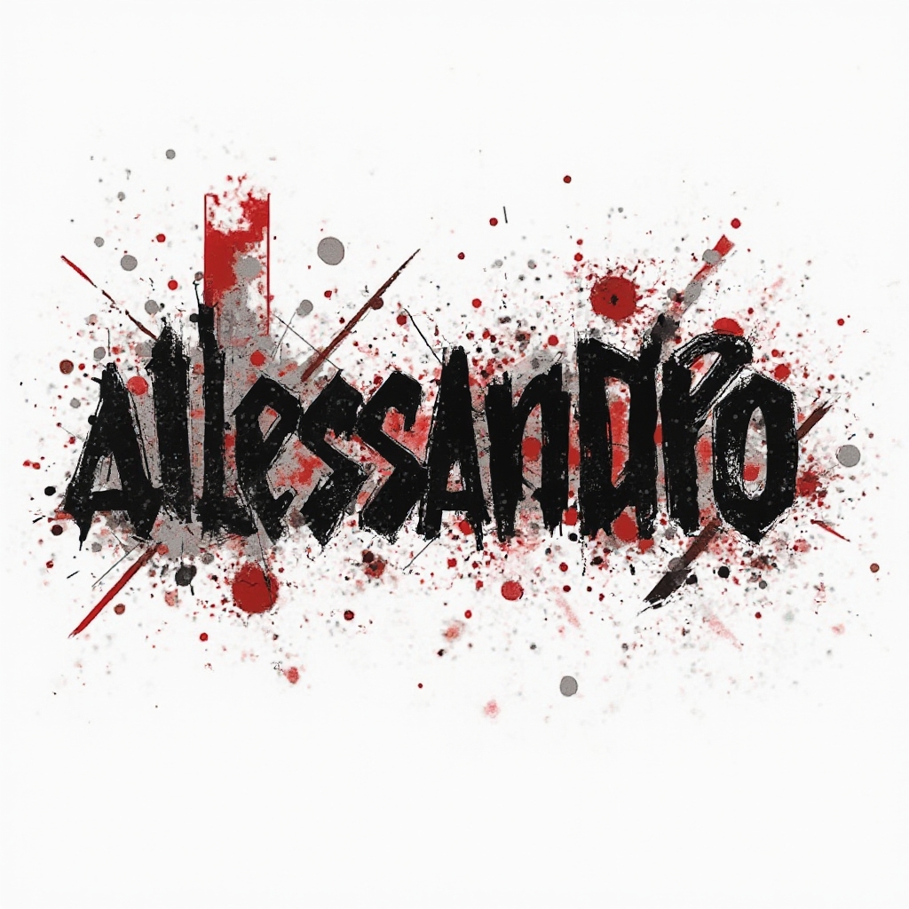 Trash Polka-style tattoo design of the name alessandro with bold black and red graphic elements on a white background.