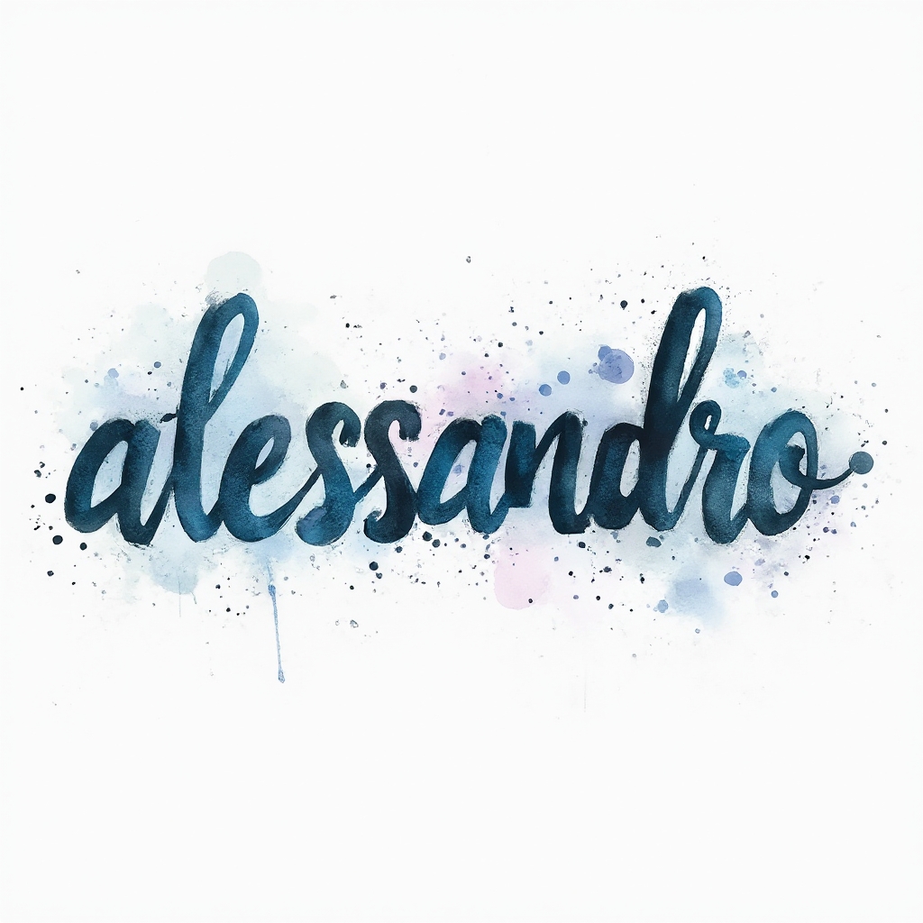 Watercolor-style tattoo concept of the name alessandro in flowing colorful ink on a white background.