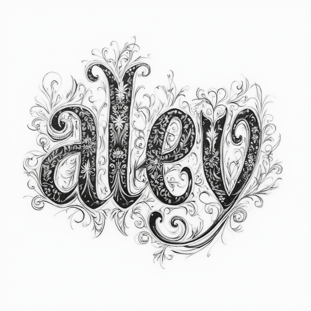 AI-Original-Style tattoo concept of the name alev as ornate, flowing decorative letterforms on a white background