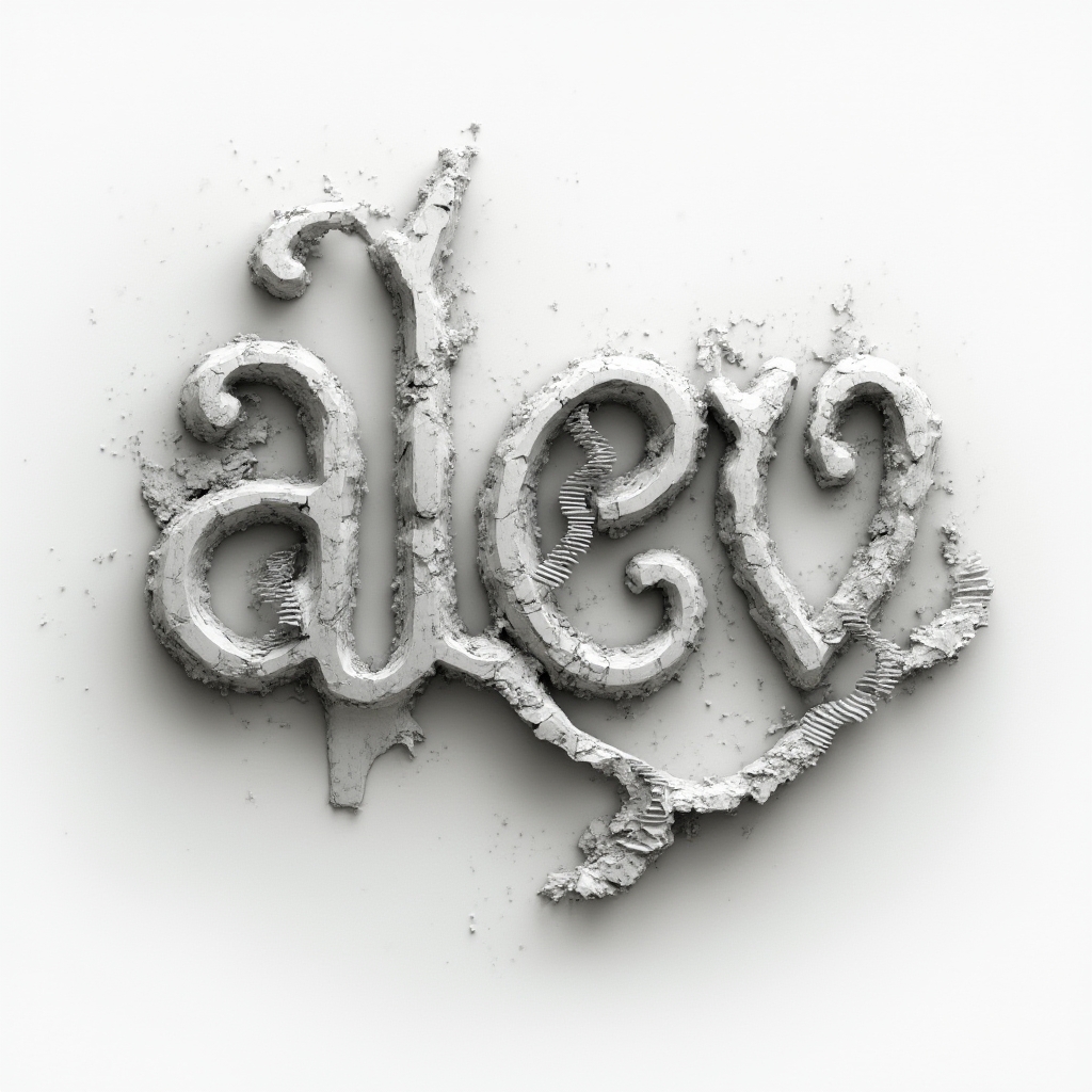 Surreal tattoo concept of the name alev as melting, impossible 3D letter structures on a white background