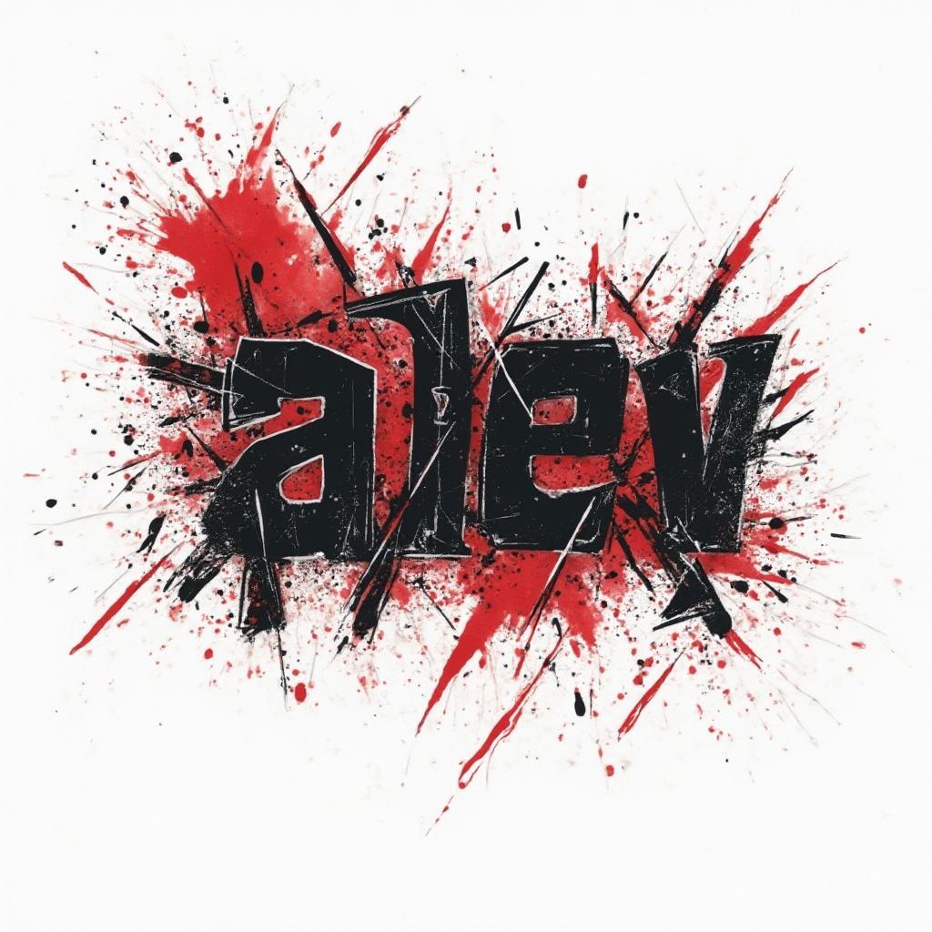 Trash Polka tattoo concept of the name alev in bold black and red fragmented lettering on a white background