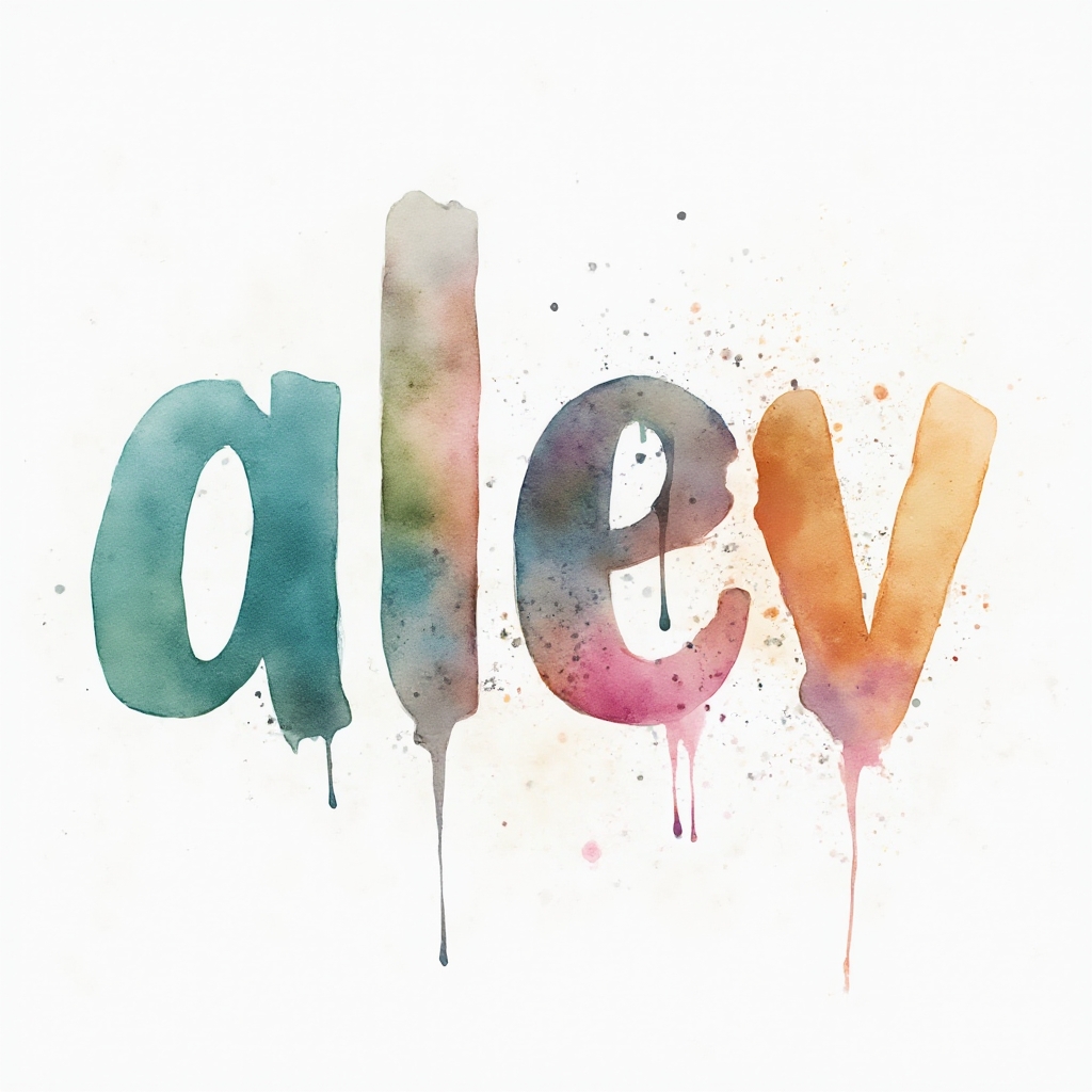 Watercolor tattoo concept of the name alev formed by colorful fluid letter shapes on a white background