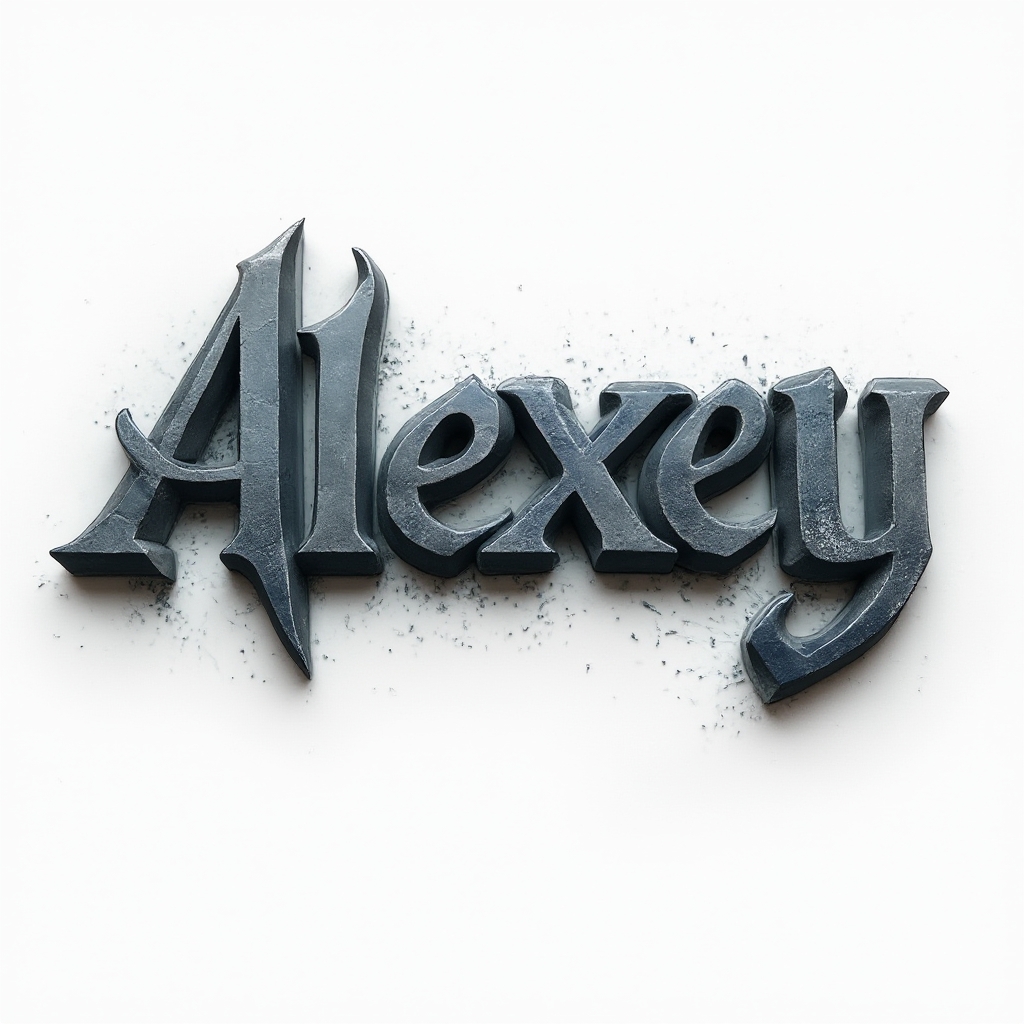 dimensional tattoo concept where alexey is rendered as bold chiseled 3D letters on white background