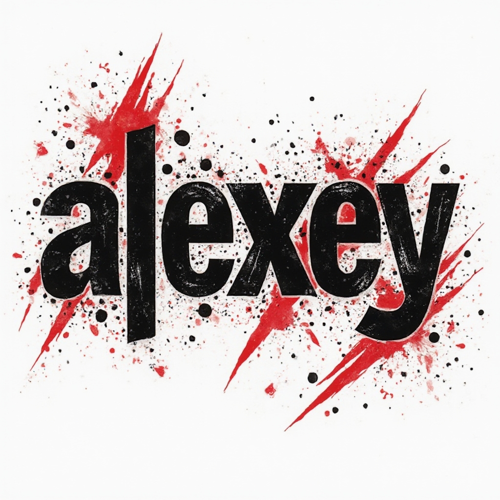 trash polka tattoo concept where alexey is formed by bold black and red distressed lettering on white background