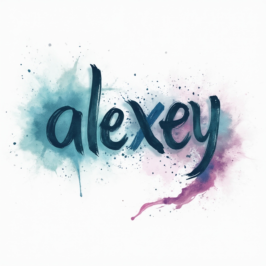 watercolor splash tattoo concept where alexey is formed by colorful brushstroke letters on white background