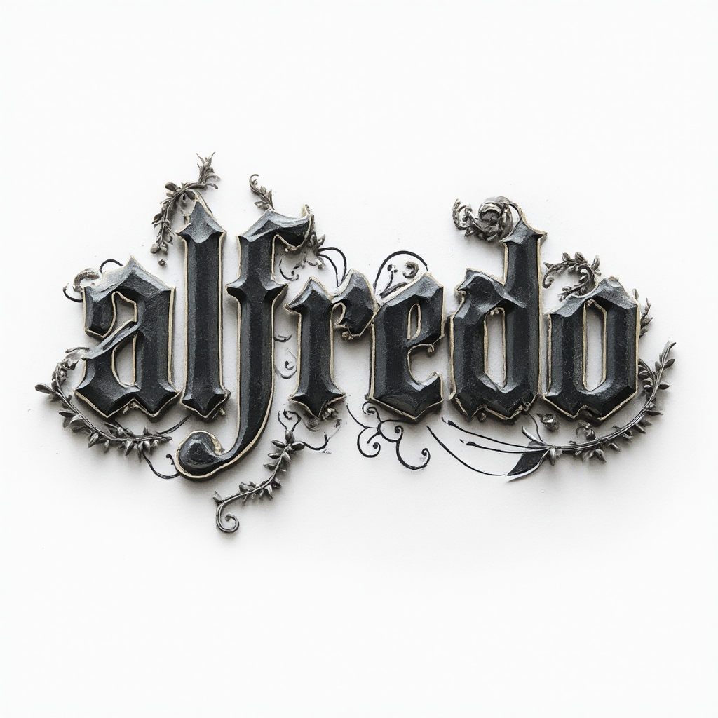 Dimensional tattoo design of the name alfredo in carved, three-dimensional stylized letters with ornamental flourishes on a white background