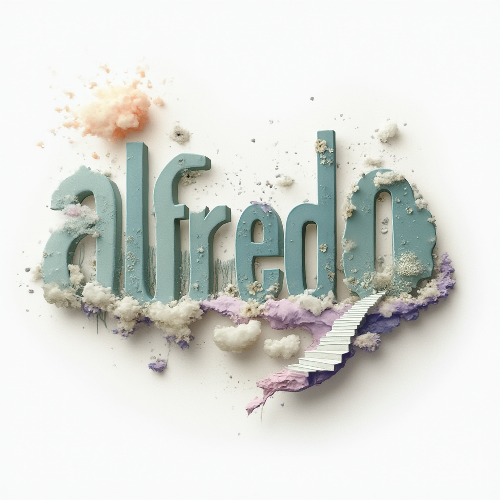 Surreal tattoo design of the name alfredo formed by melting letters that turn into floating dreamlike structures on a white background