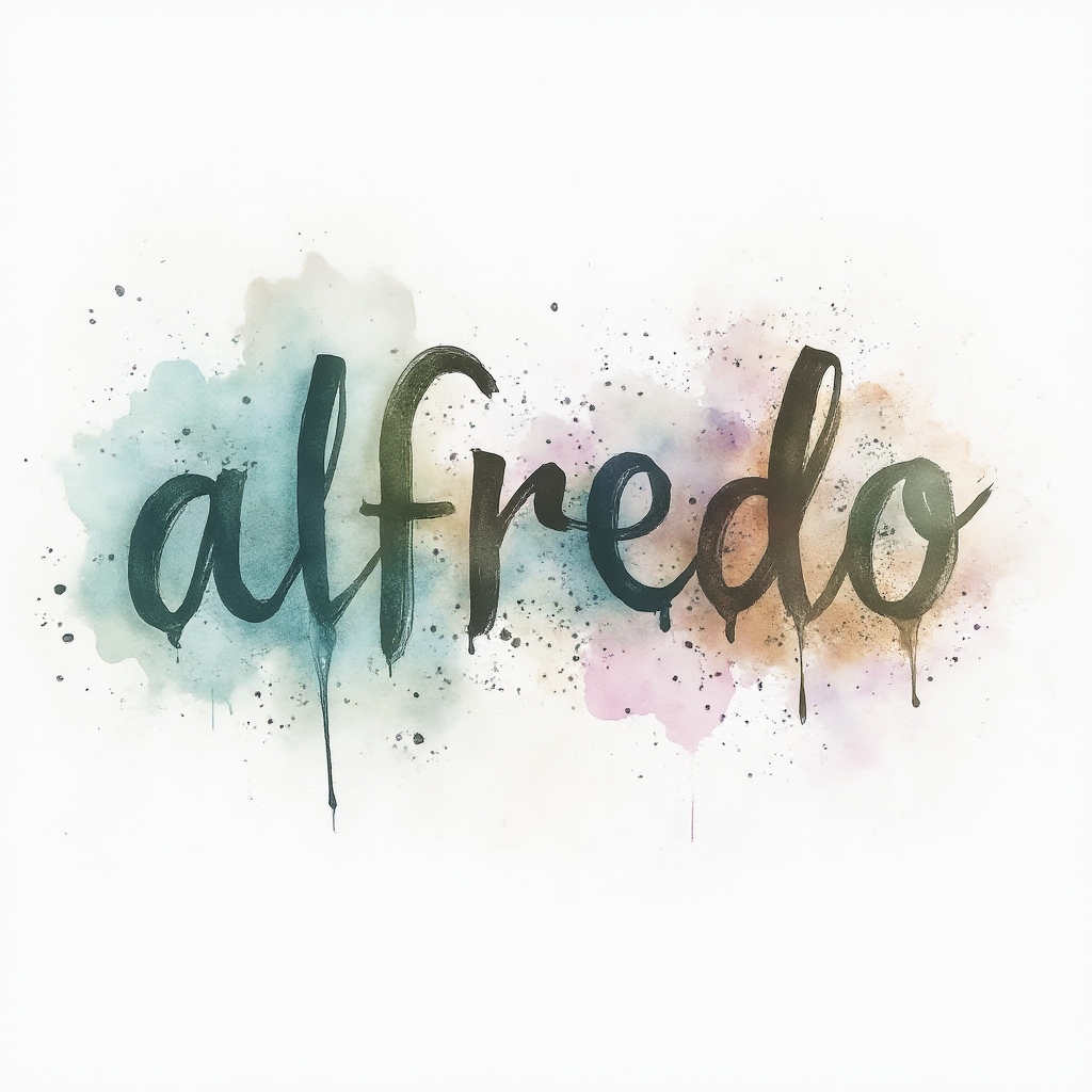 Watercolor tattoo concept of the name alfredo in flowing brushstroke letters dissolving into colorful ink splashes on white background