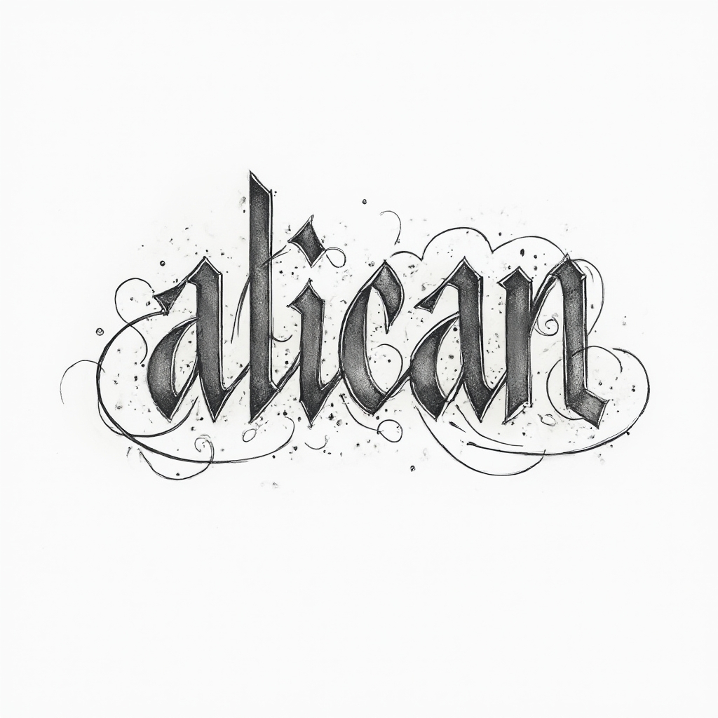 Geometric and ornamental linework tattoo concept where the name alican is built from interlocking flowing lines and dots on a white background.