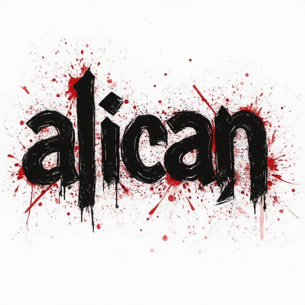 Trash Polka-inspired tattoo concept where the name alican is rendered in bold fractured black letters with red splashes on a white background.