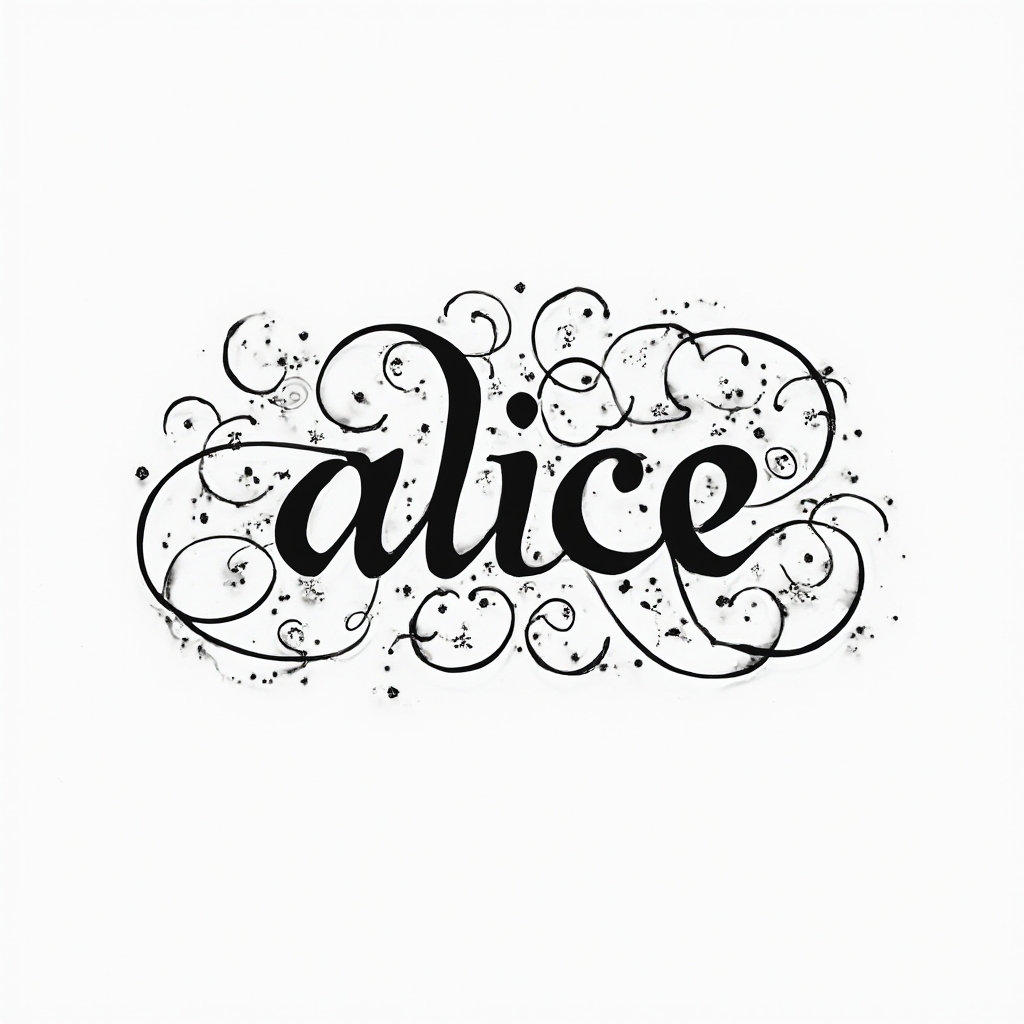 Abstract ornamental tattoo where the name alice forms flowing script with decorative curves on a white background.