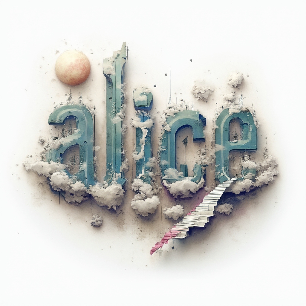 Surreal tattoo concept where the name alice is formed from dreamlike architectural and melting shapes on a white background.