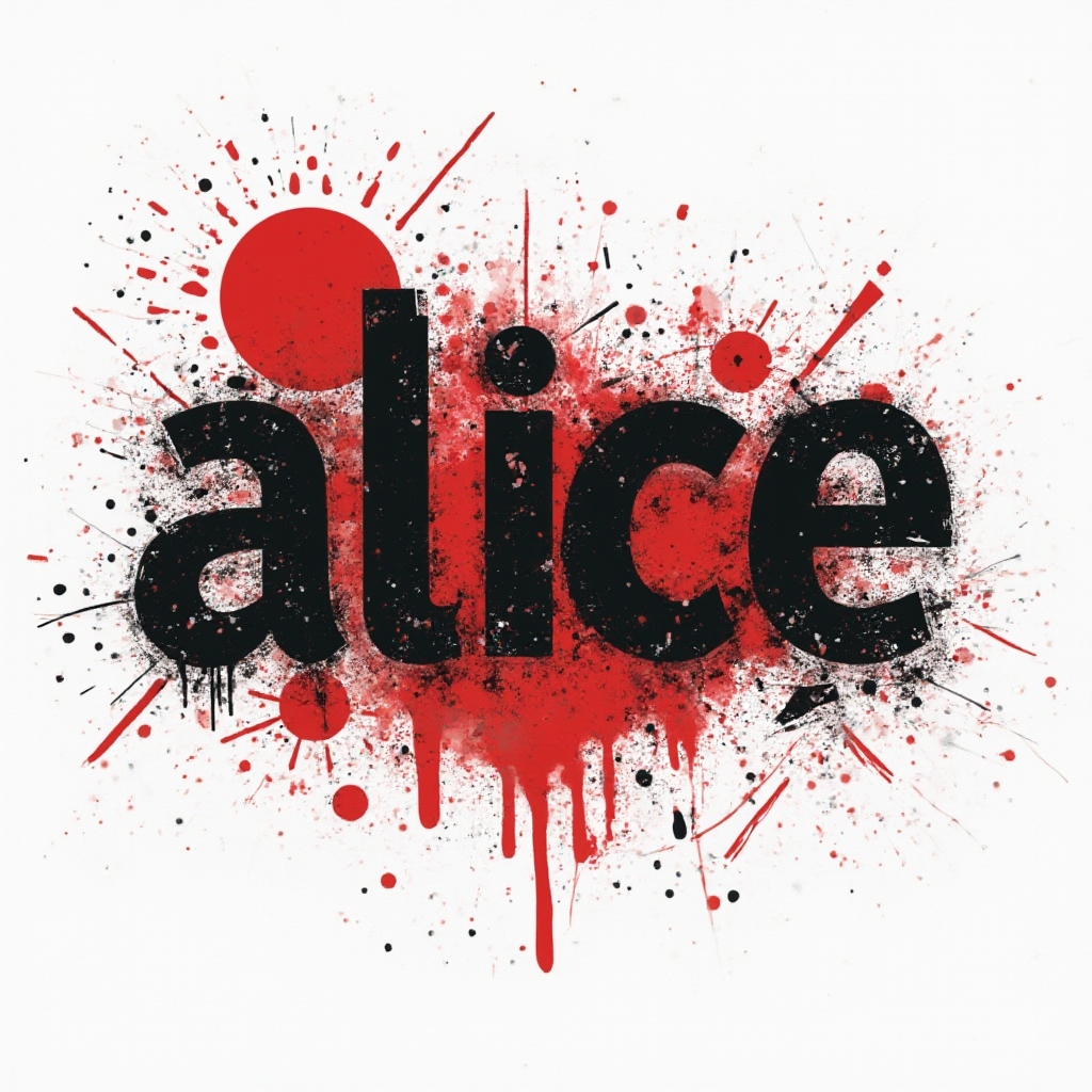Trash Polka tattoo design where the name alice is formed from bold black strokes and red splashes on a white background.