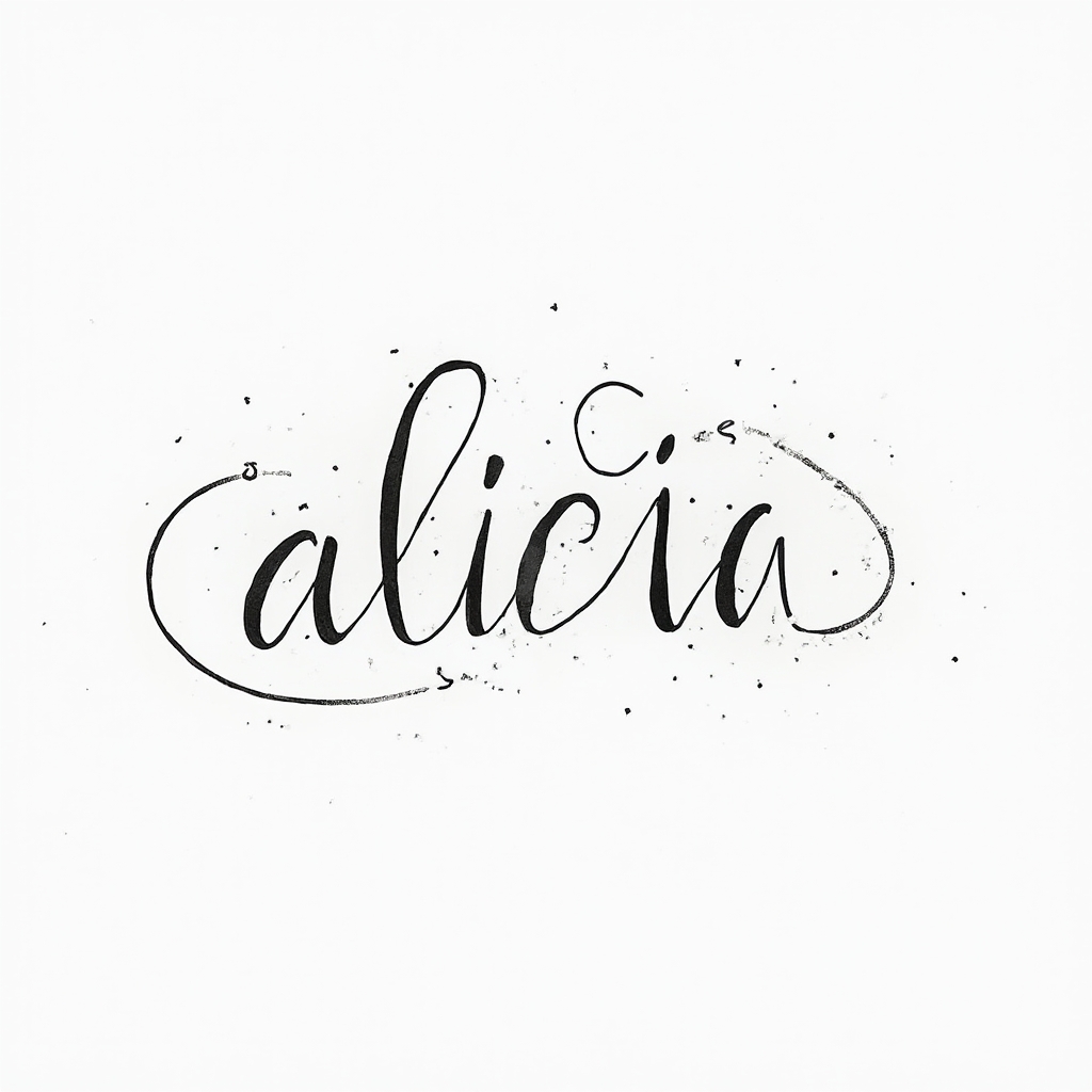Minimalist black line tattoo concept of the name alicia in elegant script on a white background.