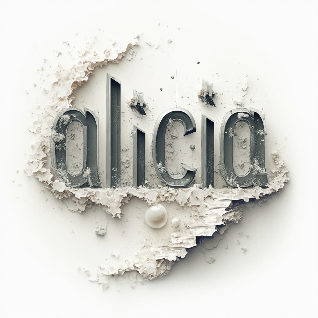 Surreal tattoo concept of the name alicia transforming into impossible shapes on a white background.