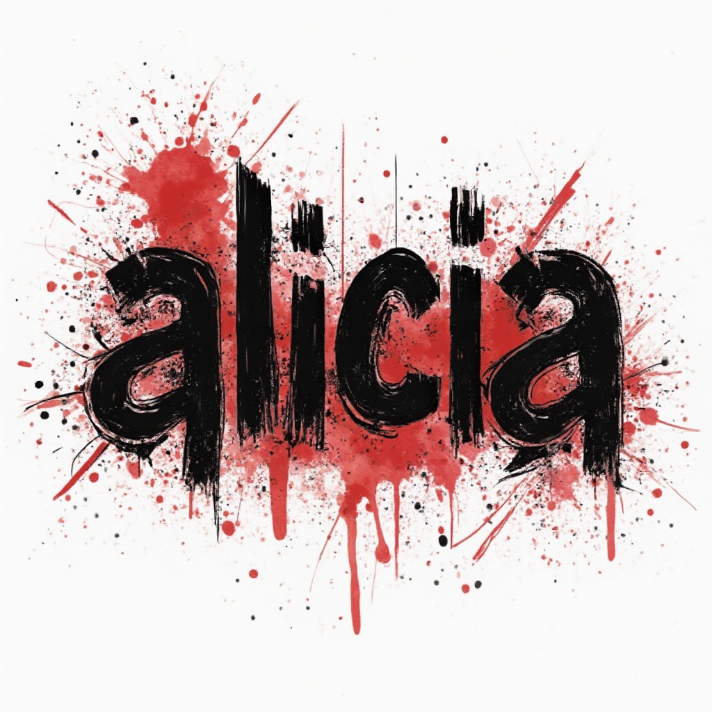 Trash Polka tattoo concept of the name alicia with bold black and red ink elements on a white background.
