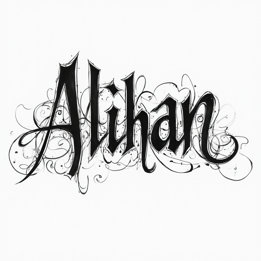 ornate black linework design where alihan is formed from flowing, tapered strokes on a white background