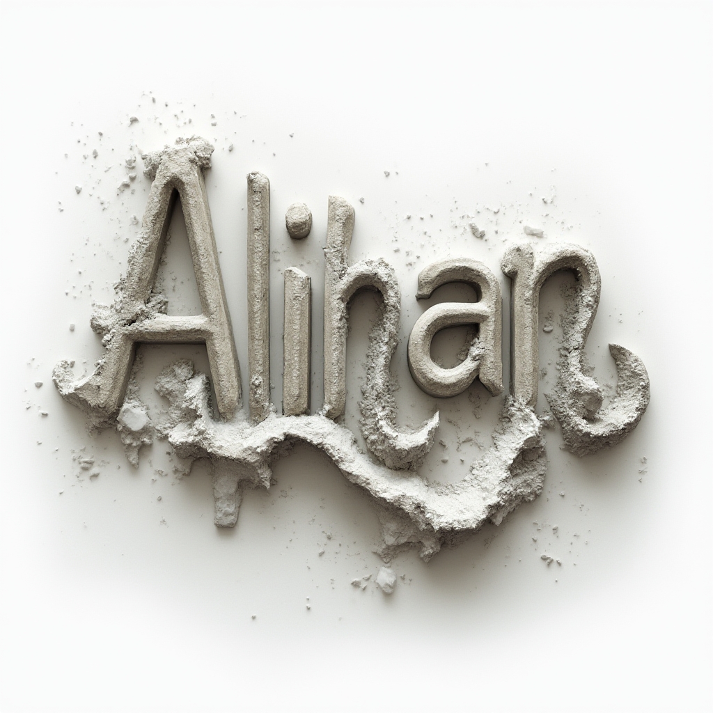 surreal 3D name design where alihan is formed from twisting, impossible stone and liquid letters on white background