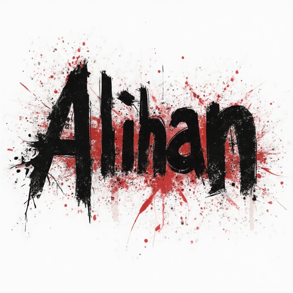 trash polka-inspired name design where alihan is formed from distressed black letters with red splashes and graphic shapes