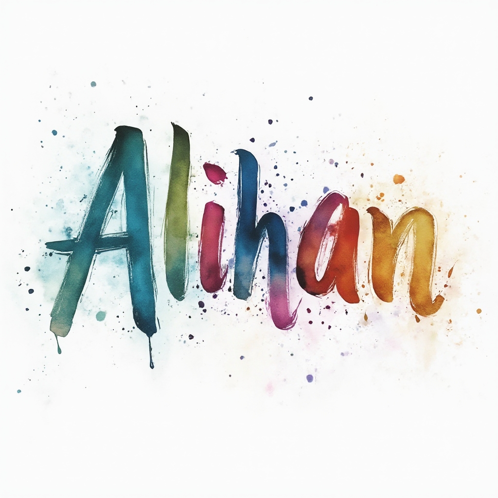 watercolor-style abstract name tattoo where alihan is formed from colorful paint strokes on white background