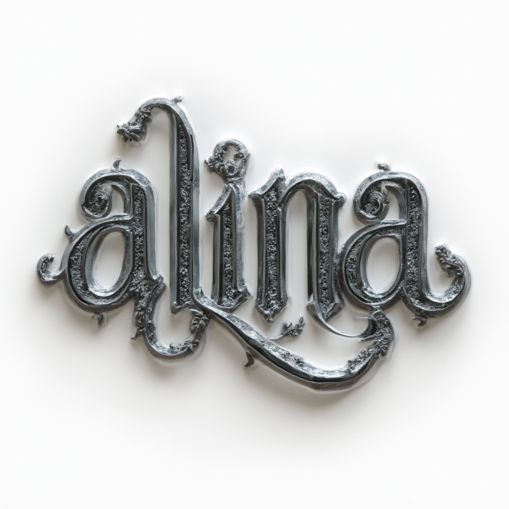 Ornamental dimensional tattoo design of the name alina in chrome-like stylized lettering on a white background