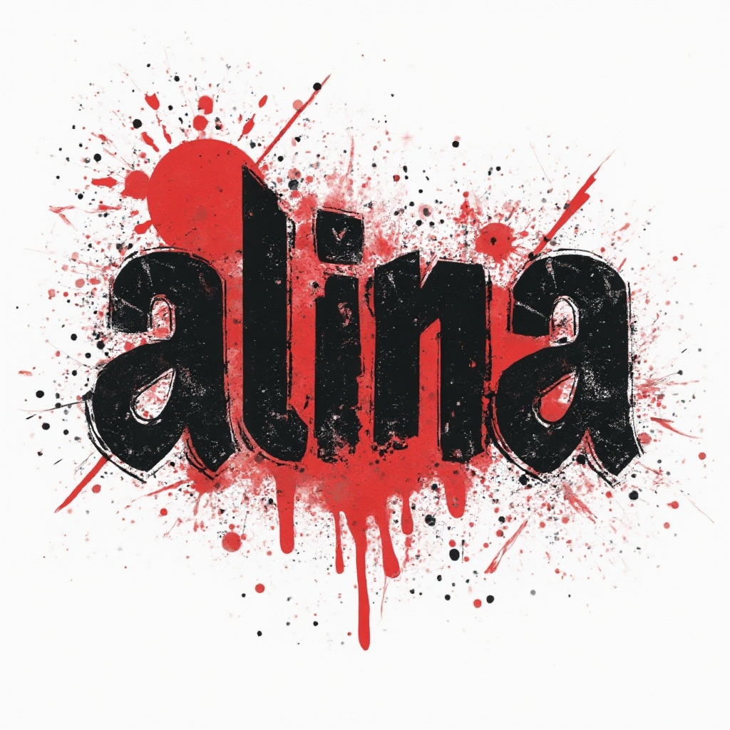 Trash Polka tattoo design of the name alina with distressed black and red abstract elements on a white background