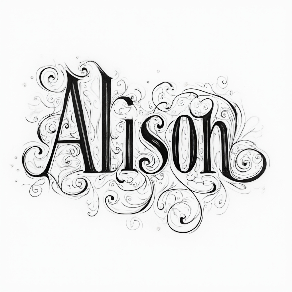 Ornamental black line-art tattoo concept where the name alison is formed by flowing, decorative lettering on a white background.