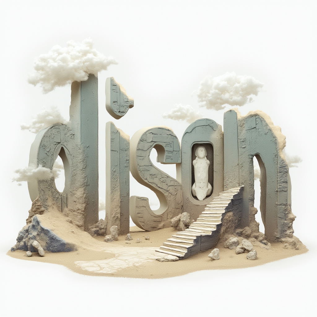 Surreal landscape tattoo concept where the word alison is built from dreamlike architectural shapes on a white background.