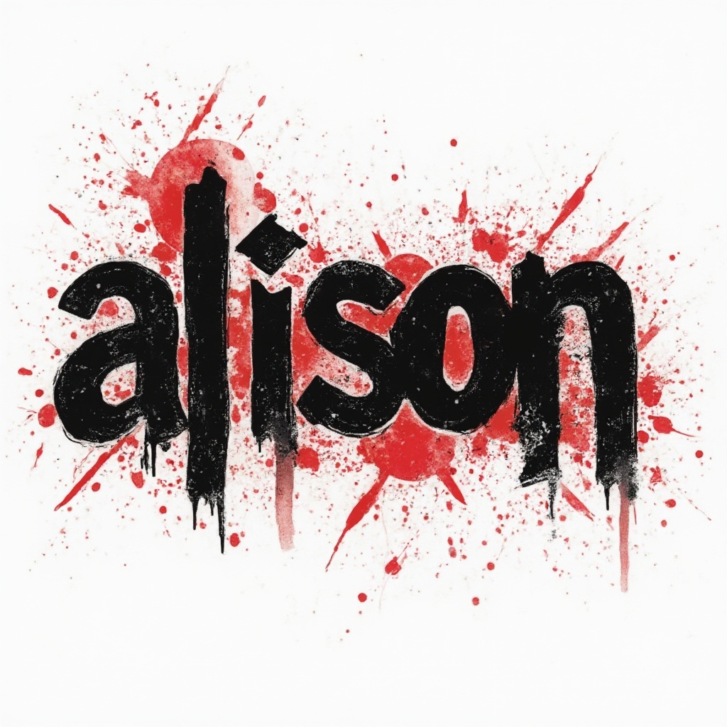 Trash Polka-style tattoo concept using distressed black and red shapes to form the name alison on a white background.