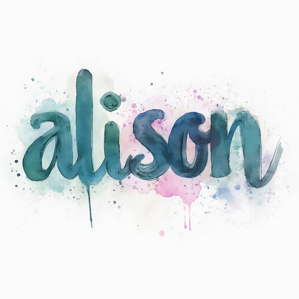 Watercolor-style tattoo concept where the name alison is formed from flowing multicolor paint strokes on a white background.