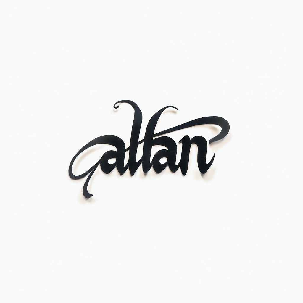 Minimal abstract flowing line tattoo design where the name allan is created from continuous black curves on white.
