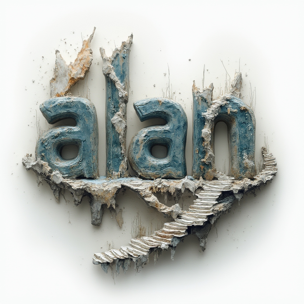 Surreal dreamscape tattoo design where the name allan is formed by interlocking surreal structures on a white background.