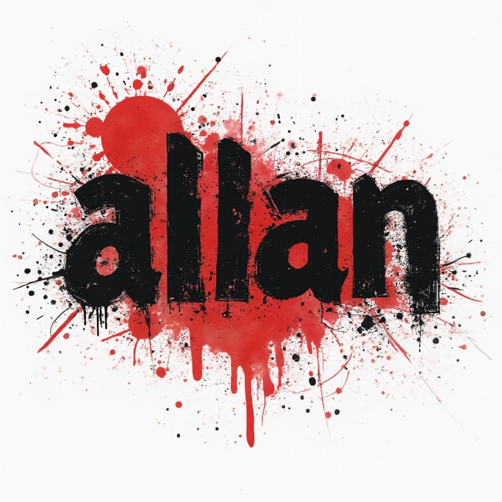 Trash Polka-inspired tattoo design where the name allan appears through bold black and red abstract strokes on white.