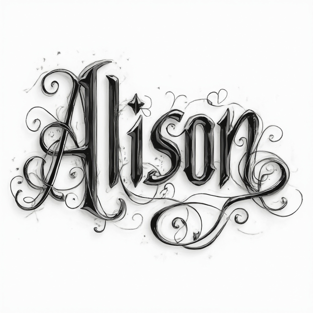 Ornamental sculpted tattoo concept of the name allison in bold shaded lettering on a white background