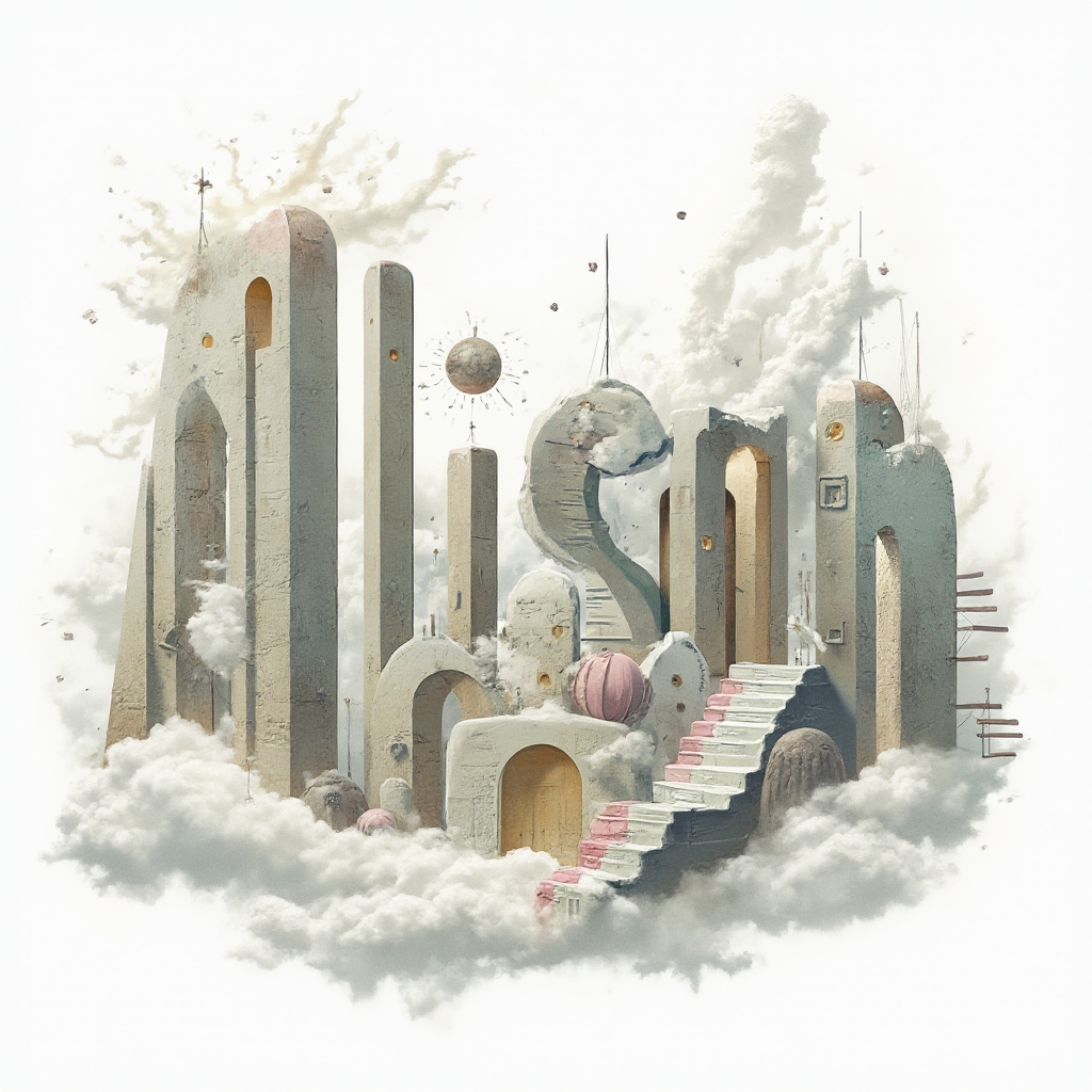 Surreal tattoo concept of the name allison formed by dreamlike objects on a white background