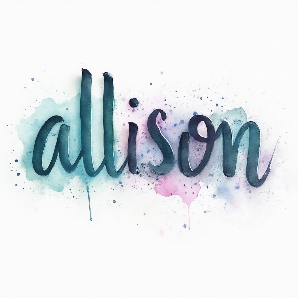 Watercolor splash tattoo concept of the name allison in flowing painted script on a white background