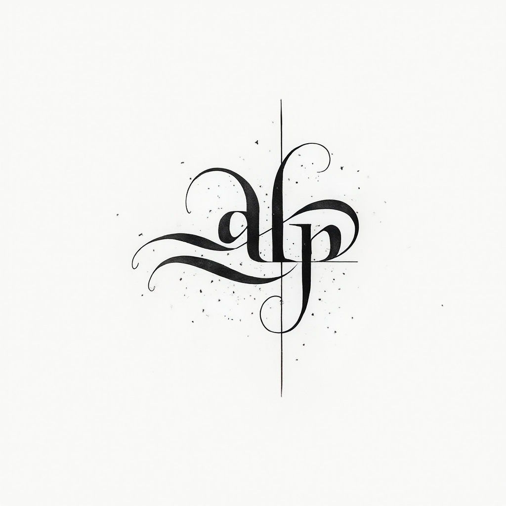 Abstract monochrome tattoo design using flowing black lines to suggest the letters of the name alp on a white background.