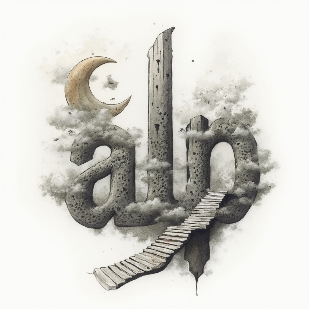 Surreal tattoo design where architectural and dreamlike elements form the letters of the name alp on a white background.
