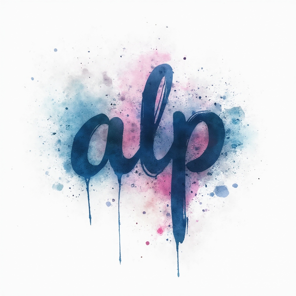 Watercolor tattoo concept featuring the name alp formed with fluid brushstroke lettering and colorful splashes on a white background.