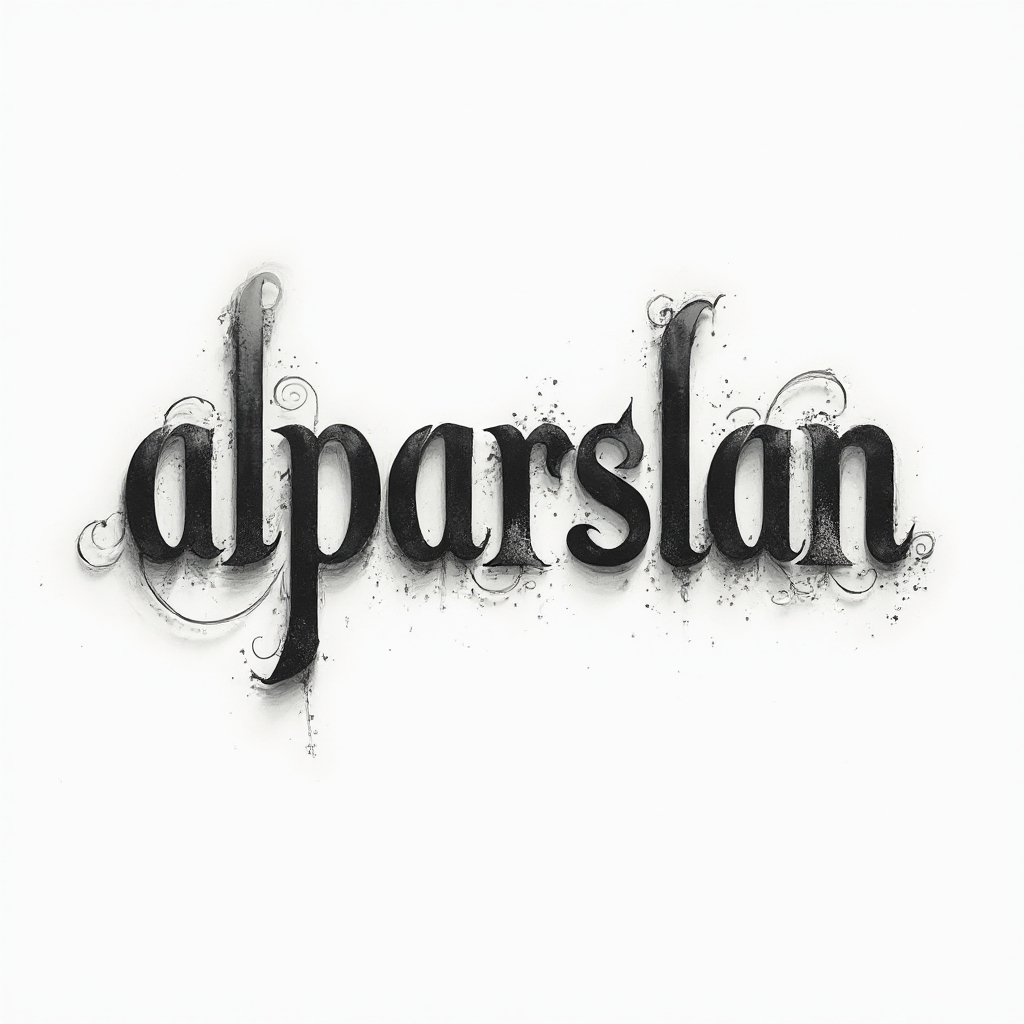 Refined monochrome tattoo concept of the name alparslan with stylized lettering and soft shading on white
