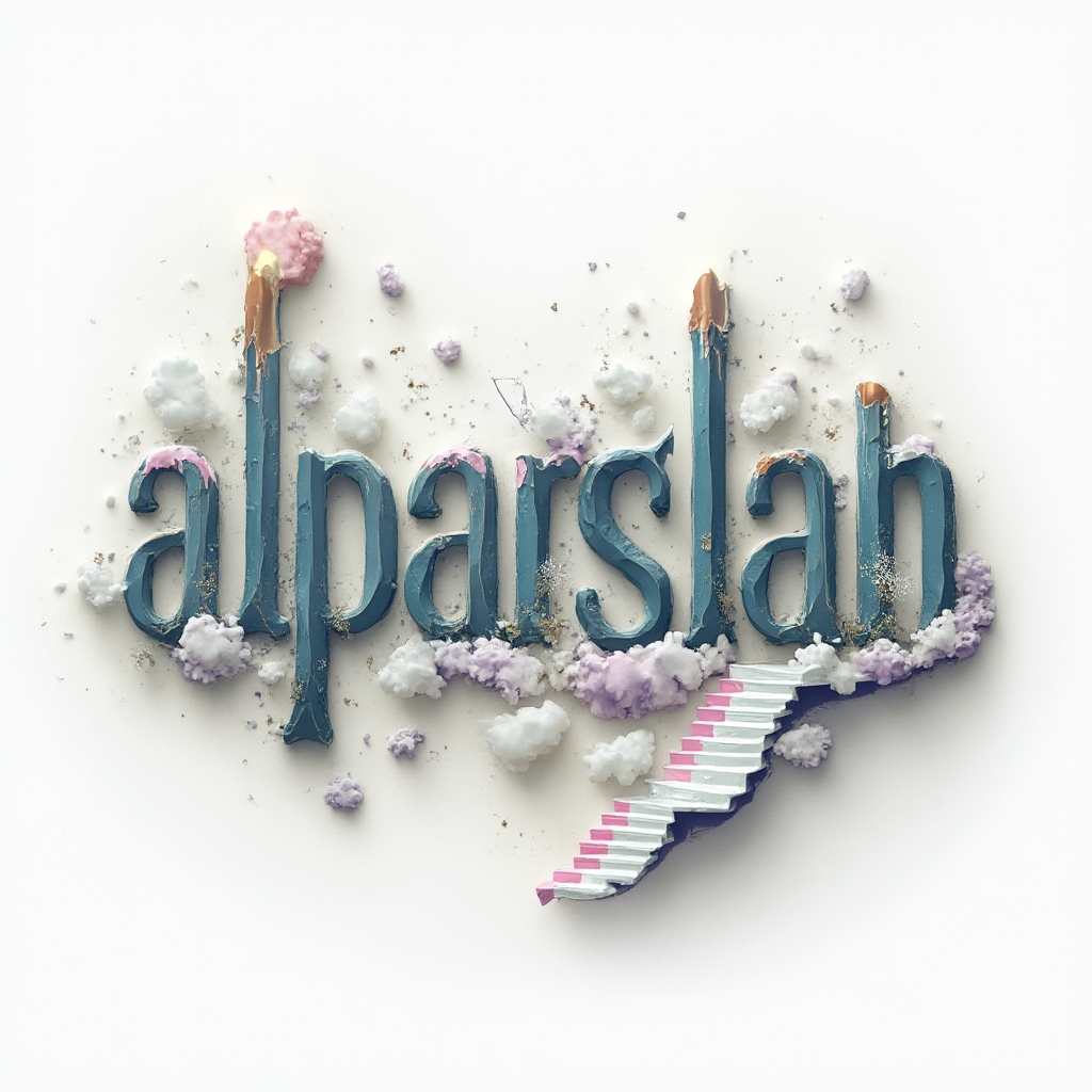Surreal tattoo concept where the name alparslan forms a dreamlike, impossible structure on a white background