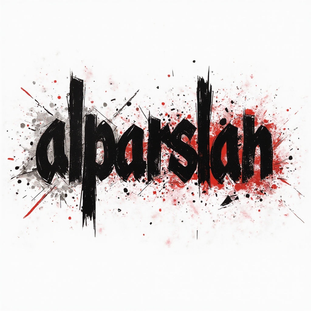Trash Polka tattoo concept of the name alparslan with bold black and red abstract lettering on white